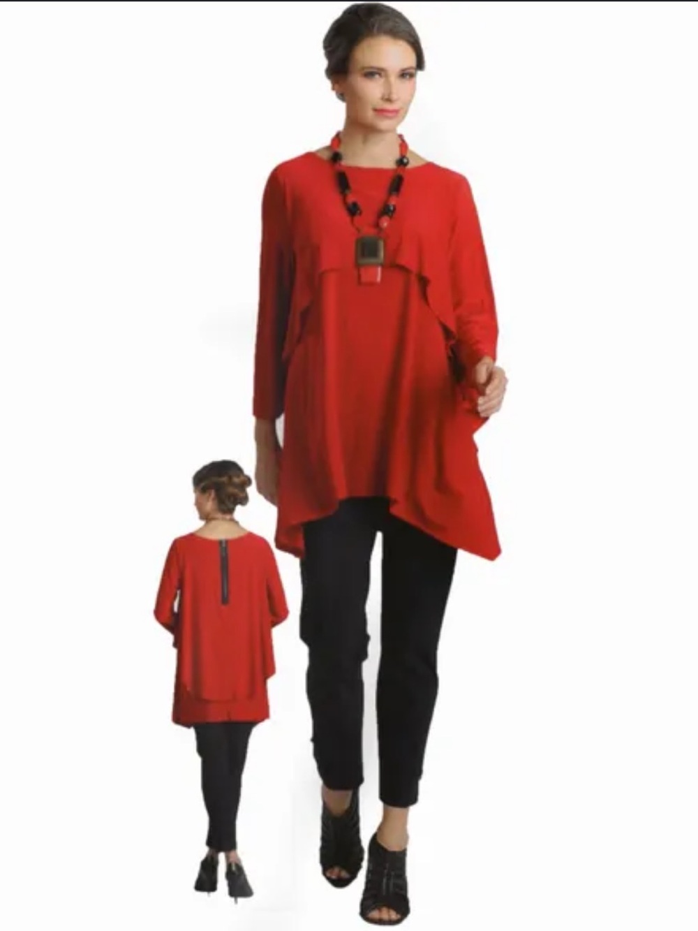 NWT IC COLLECTION Red Asymmetric Long-Sleeve Tunic Flowy Top SIZE L